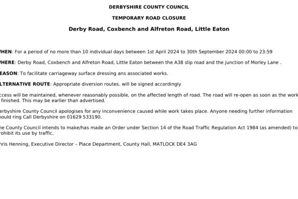 Road Closure: Derby Road, Coxbench and Alfreton Road, Little Eaton